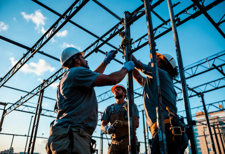 Three construction workers skillfully assemble a steel framework against a vibrant sky. The teamwork and focus highlight the dedication to building something great.の素材