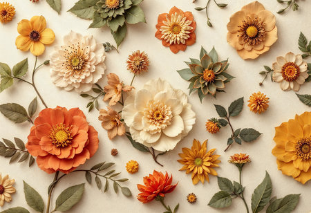 A delightful composition of assorted flowers in warm shades of orange, yellow, and cream elegantly spread across a light background. Each blossom displays intricate details, adding charm and beauty.の素材