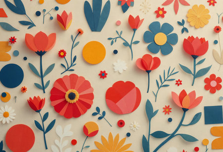 Colorful paper flowers of various shapes and sizes adorn the wall, bringing life and creativity to the cozy space. The playful arrangement invites joy and inspiration, perfect for any art lover.の素材