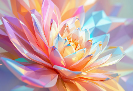 Exquisite flower blossoms in a captivating arrangement of geometric shapes, reflecting a dazzling spectrum of colors. Soft pastels blend harmoniously, creating an ethereal atmosphere.の素材