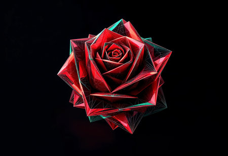 A stunning origami rose, intricately folded in shades of red and green, stands out against a deep black backdrop. This unique design captures the essence of elegance and artistry in paper.の素材