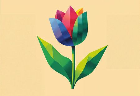 A vibrant origami flower stands out with its kaleidoscope of colors, surrounded by soft pastel tones. This artistic creation blends nature and creativity in a harmonious display.の素材