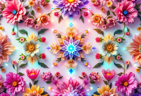 Delicate blossoms of various shapes and hues come together in a mesmerizing arrangement, creating a stunning visual display reminiscent of spring's rejuvenation and beauty.の素材