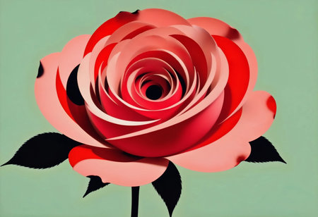 A stunning rose blooms with intricate layers of deep red and soft pink petals, contrasting beautifully against a serene green background. This visual delight captivates the eye.の素材