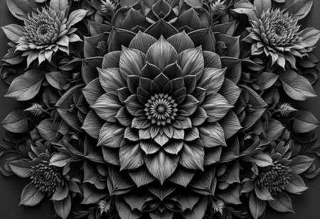 Displayed is a stunning arrangement of flowers intricately carved in shades of black and white. The detailing highlights each petal, creating a mesmerizing three-dimensional effect that captivates.の素材
