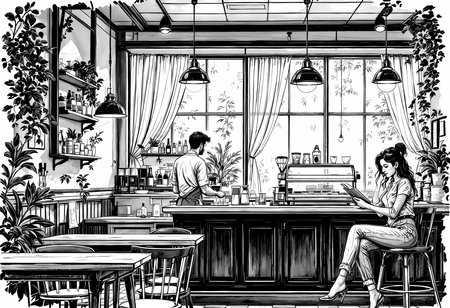 In a stylish cafe filled with greenery, a focused barista prepares drinks at the counter. A relaxed customer reads, soaking in the serene atmosphere while sunlight filters in through large windows.の素材