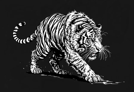 A majestic tiger is showcased in a bold black and white design, capturing its stealth and power. The vibrant stripes contrast against the dark background, illustrating its fierce nature.の素材