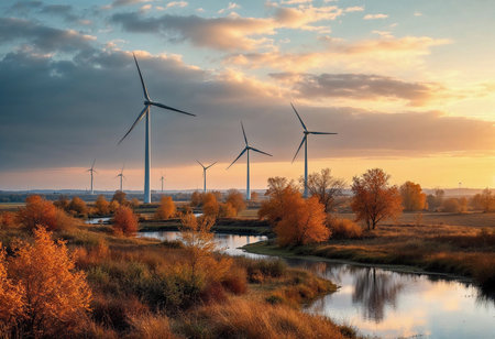 Golden foliage frames a tranquil river as wind turbines spin gracefully at dusk. The sunset casts a warm glow, signifying nature's beauty and renewable energy harmony.の素材