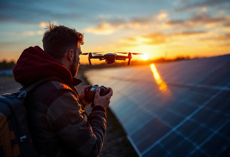 A drone pilot stands beside solar panels, directing the flying device towards a vibrant sunset. Warm hues fill the sky while shadows stretch over the land, creating a mesmerizing view.の素材
