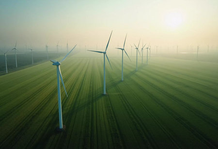 Silhouetted against a soft dawn, towering wind turbines spin gracefully in the morning light, their blades capturing the gentle breeze over expansive green fields. Soft mist hugs the ground.の素材