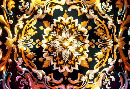 A stunning display of golden floral patterns emerges against a deep backdrop, creating an atmosphere of elegance and opulence. This artwork captures the beauty of intricate design.の素材