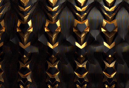 A stunning array of interwoven black and gold geometric patterns creates a captivating visual experience, radiating sophistication and modern artistic flair in this contemporary design.の素材