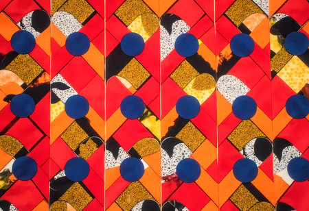 A striking display of vivid geometric shapes unfolds, featuring bold reds, oranges, and blacks interspersed with playful blue circles, creating an energetic and captivating visual dance.の素材