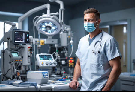 A focused healthcare worker stands confidently in a high-tech hospital room equipped with advanced medical instruments and monitors, ready to provide care and support during a challenging shift.の素材