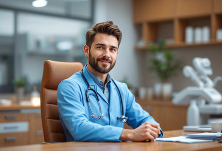 A confident doctor in a light blue coat smiles while seated in a stylish office. The space features soft lighting and modern decor, creating a welcoming atmosphere for patients.の素材