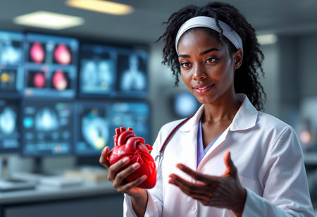 A dedicated cardiologist showcases a realistic heart model while explaining its functionality in a well-equipped clinic.の素材