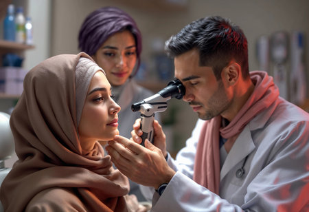 A skilled practitioner conducts a detailed eye examination on a woman wearing a headscarf. Another healthcare professional observes, creating a supportive atmosphere in a contemporary clinic.の素材