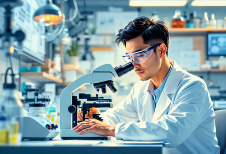 A dedicated scientist in a white lab coat analyzes various samples with precision at a well-equipped laboratory. Bright lights illuminate his workspace, showcasing advanced equipment for research.の素材