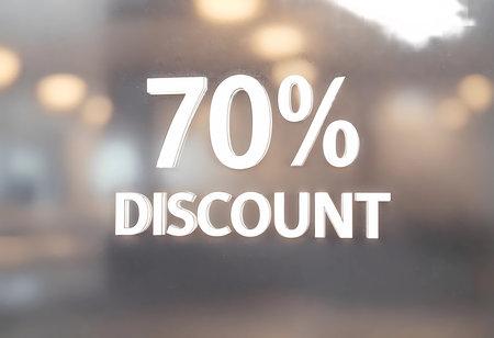 Shoppers are drawn to the storefront featuring a prominent 70% discount sign. Excitement builds as everyone anticipates incredible savings during this limited-time offer.の素材