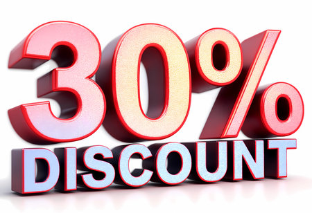 A vibrant, eye-catching representation of a 30 percent discount that draws attention with its bold typography. The bright colors and large text create an energetic and inviting atmosphere.の素材