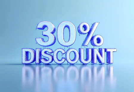 Bold letters showcase a vibrant 30 percent discount, reflecting off a smooth surface. The striking blue hue creates a sense of urgency and excitement for shoppers seeking savings.の素材