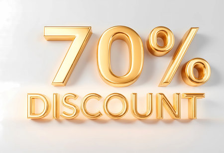 A striking golden 70 percent discount sign gleams brilliantly, inviting shoppers to take advantage of an incredible offer. The clean white background enhances the bold lettering's allure.の素材