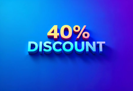 Bright and vibrant lettering announces a 40% discount, creating an engaging visual for shoppers. The dynamic colors and bold font evoke excitement about savings on featured products.の素材