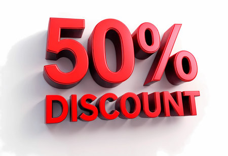 Bright red letters boldly proclaim a 50 percent discount, capturing attention for an upcoming sales event. This vibrant display encourages shoppers to seize the opportunity without hesitation.の素材