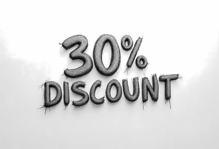 Bold text crafted from unique material displays a thirty percent discount offer, designed to catch the eye and create excitement for a special sale event, inviting customers to explore more.の素材