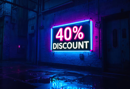 A glowing neon sign displays a 40% discount in a dimly lit urban alley. The colorful lights reflect off the wet pavement, creating a lively atmosphere in the quiet night.の素材