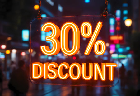 A vibrant 30% discount sign glows brightly in a lively cityscape at night, attracting shoppers with colorful lights and a sense of excitement in the air.の素材