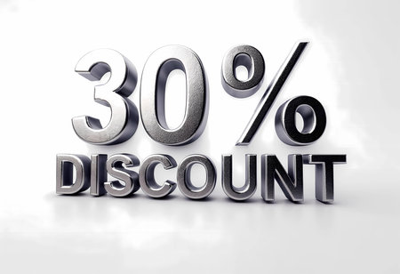 Shiny silver letters boldly display a 30 percent discount, inviting shoppers to take advantage of this enticing deal during a seasonal sale, encouraging immediate purchases and excitement.の素材