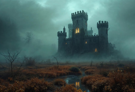 A mysterious castle stands proudly on a foggy moor, its ancient towers piercing the overcast sky. Warm light flickers from the windows, hinting at secrets buried deep within its walls.の素材