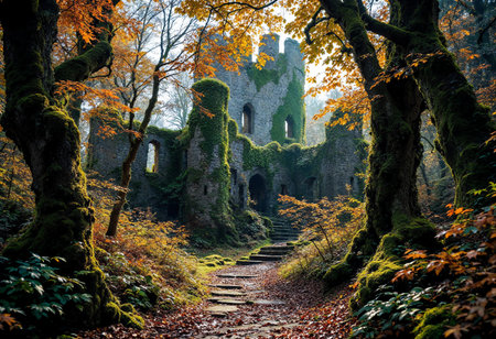Brightly colored leaves surround crumbling stone ruins, creating a magical atmosphere. Sunlight filters through the trees, illuminating the winding path towards history's echoes.の素材