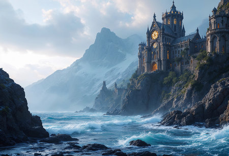 A breathtaking castle, surrounded by rugged cliffs, overlooks the crashing waves of the ocean below. The atmosphere is mystical, with soft light illuminating its towers against a dramatic sky.の素材