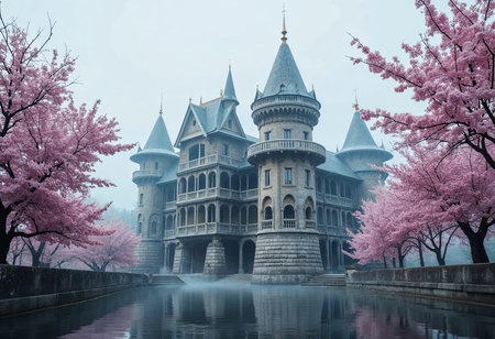 A breathtaking castle emerges from the fog, surrounded by delicate pink cherry blossoms. The tranquil waters reflect the stunning architecture, creating a magical aura in the serene landscape.の素材