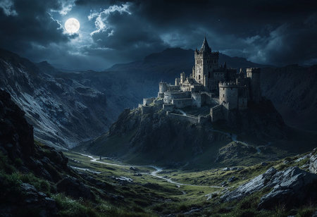 A majestic castle stands tall on a rugged hill, surrounded by dark mountains. The full moon casts an eerie glow over the landscape, enhancing the mysterious atmosphere of the night.の素材