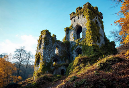 Ancient stone ruins stand proudly amidst vibrant autumn leaves, bathed in warm golden sunlight. Nature's embrace showcases the beauty of decay and time's passage.の素材