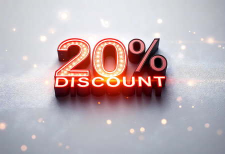 A vibrant discount sign displaying 20% off shines with lights, adding an eye-catching touch to a chic retail environment, inviting shoppers to take advantage of the offer.の素材