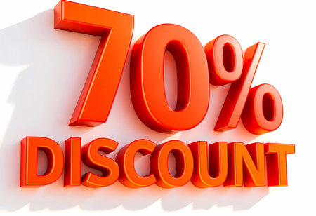 Bold, eye-catching discount announcement with vivid orange lettering declaring a significant promotion. Set against a clean white backdrop, it draws attention and invites shoppers.の素材