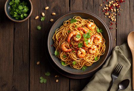 Succulent shrimp rests atop a bed of golden pasta, garnished with fresh cilantro and sprinkled with spices. A bowl of herbs and scattered peanuts accompany this inviting dish.の素材