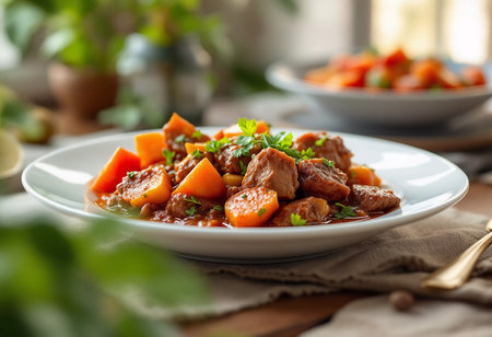 Rich and aromatic stew filled with tender meat and vibrant vegetables sits on a rustic table. The inviting kitchen atmosphere glows softly, enhancing the delicious meal aesthetic.の素材