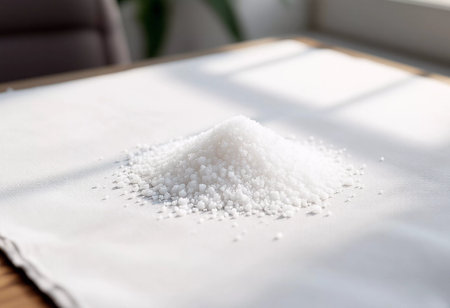 A delicate mound of coarse salt rests on a sunlit wooden table, casting subtle shadows and creating a serene atmosphere. The backdrop hints at a peaceful setting with soft lighting.の素材