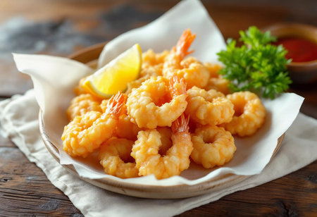 Crispy and golden fried shrimp piled high on a rustic plate, accompanied by a lemon wedge and vibrant parsley, perfect for a delightful seafood feast at a cozy dining spot.の素材