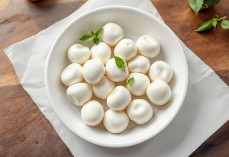 Soft, cloud-like meringue treats sit elegantly in a white bowl, garnished with fresh mint leaves, bringing a touch of sweetness to the rustic wooden table setting.の素材