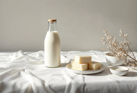A glass bottle filled with fresh milk stands next to a plate of sweet, creamy confections. Delicate foliage adds charm, creating a cozy atmosphere perfect for a tranquil morning.の素材