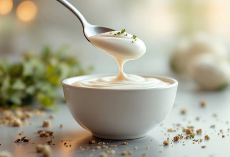 A spoonful of rich, creamy dip is lifted from a bowl, delicately drizzled with fresh herbs. The sunlit kitchen radiates warmth, creating a cozy atmosphere for culinary delights.の素材