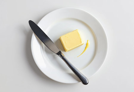 A solitary piece of butter rests on a white plate, accompanied by a shiny knife. The simplicity of the arrangement highlights the elegance of everyday dining, inviting appreciation.の素材