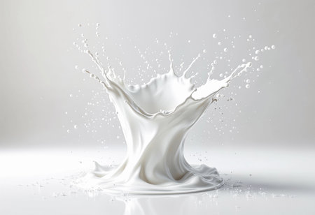 A dramatic splash of milk rises high, forming elegant curves and droplets against a smooth, reflective surface. The vibrant white contrasts beautifully in the bright setting, capturing movement.の素材