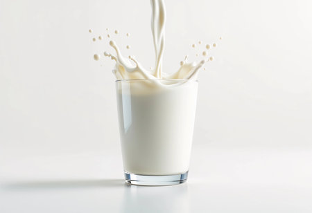 Creamy milk pours into a clear glass, creating dynamic splashes that capture the beauty of movement. The bright, minimalistic background enhances the elegance of this moment.の素材